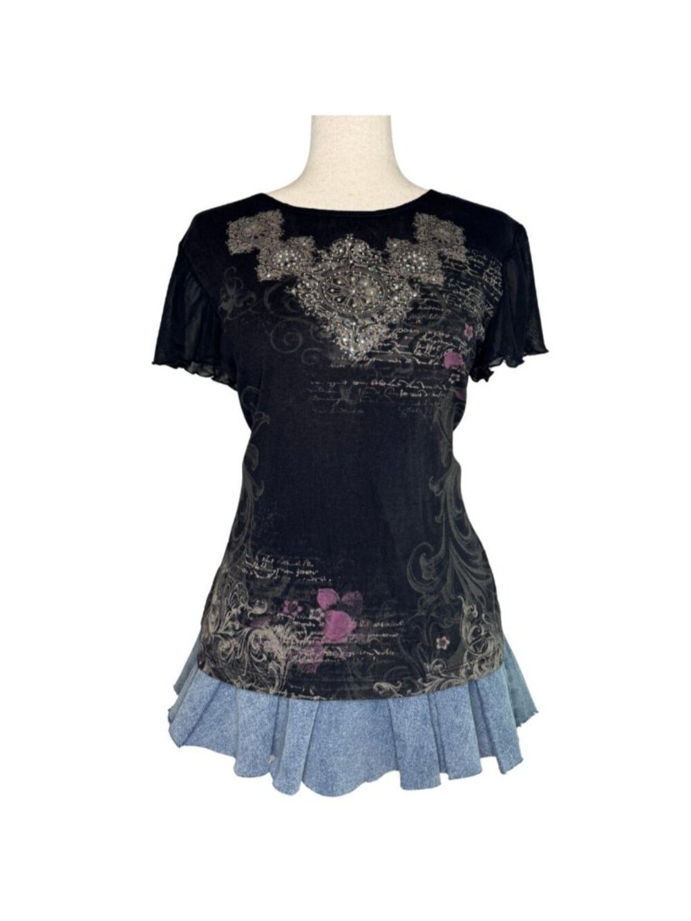 Y2K Whimsigoth Rhinestone Mesh Sleeve Top Fairy Grunge Large